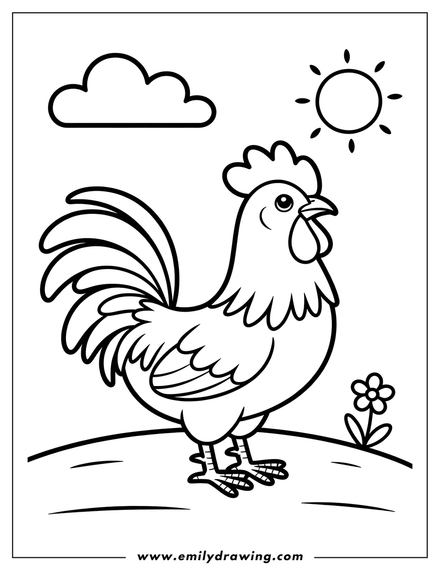 Outline of a rooster standing in a field with a flower and the sun shining.
