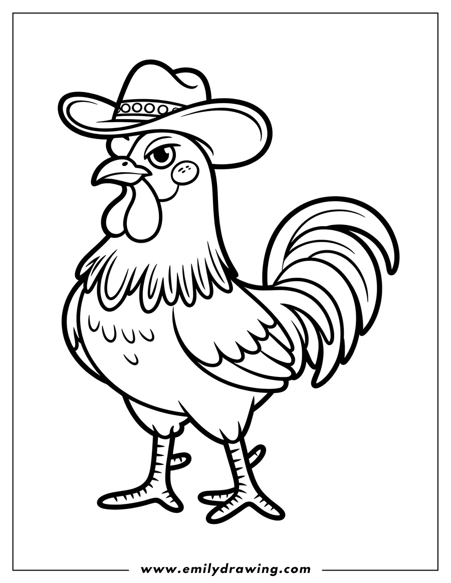 Outline of a rooster wearing a cowboy hat.