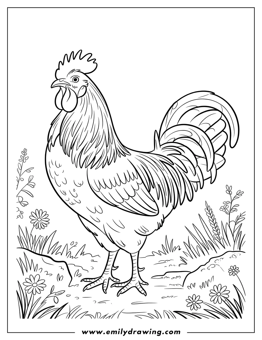 Line art of a rooster standing in a meadow with flowers and grass.