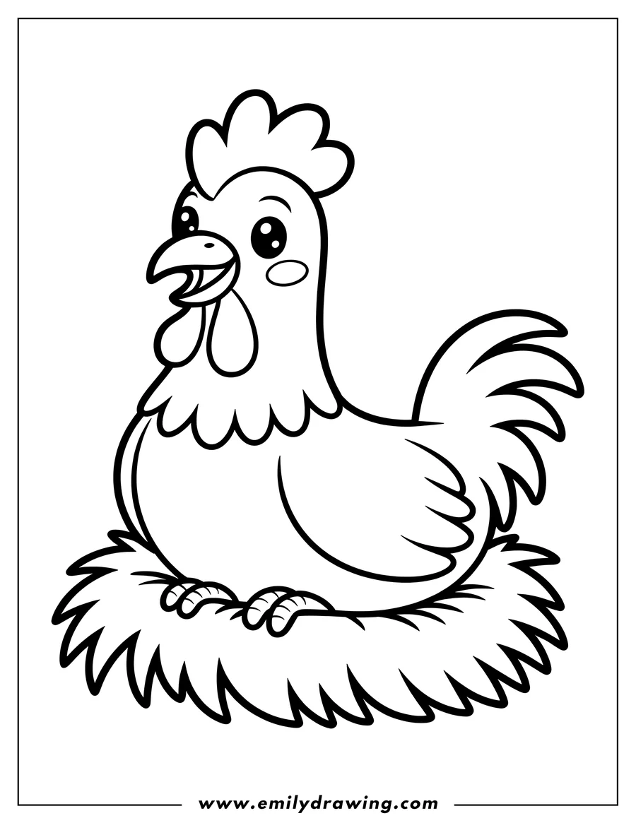 Outline of a cheerful rooster sitting in a nest.