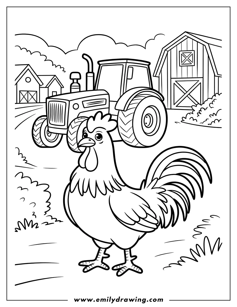 Outline of a rooster standing near a tractor on a farm, with a barn and farmhouse in the background.