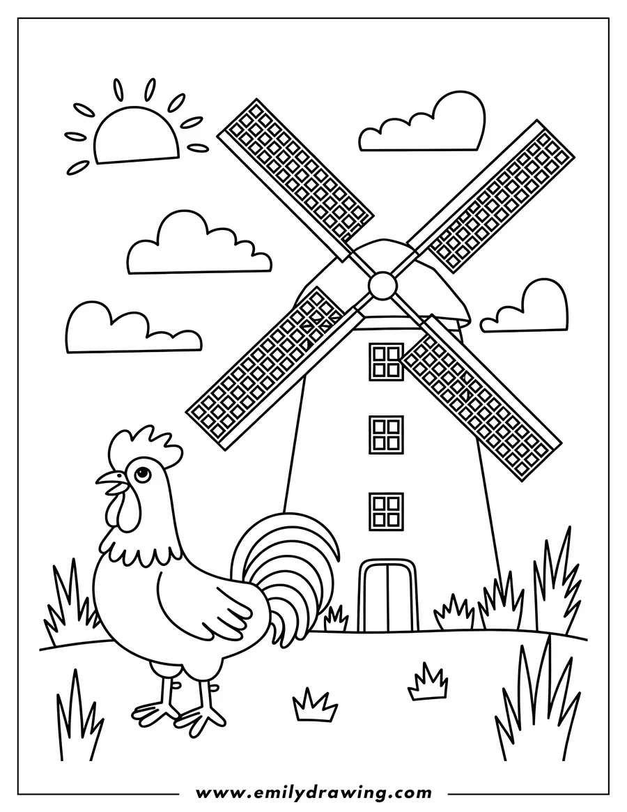 Outline of a rooster standing near a traditional windmill on a sunny day. Tufts of grass and fluffy clouds complete the farm scene.
