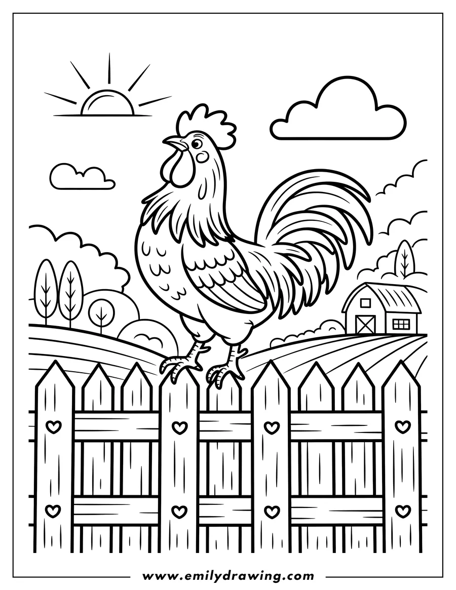 Line art of a rooster standing on a wooden fence with flowers growing around it.  The sun is shining brightly.