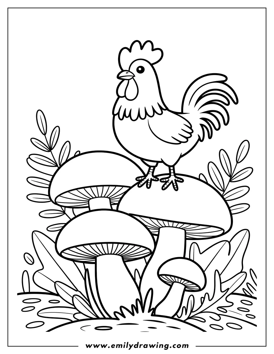 Outline of a rooster standing on top of two large mushrooms, surrounded by leaves and grass.