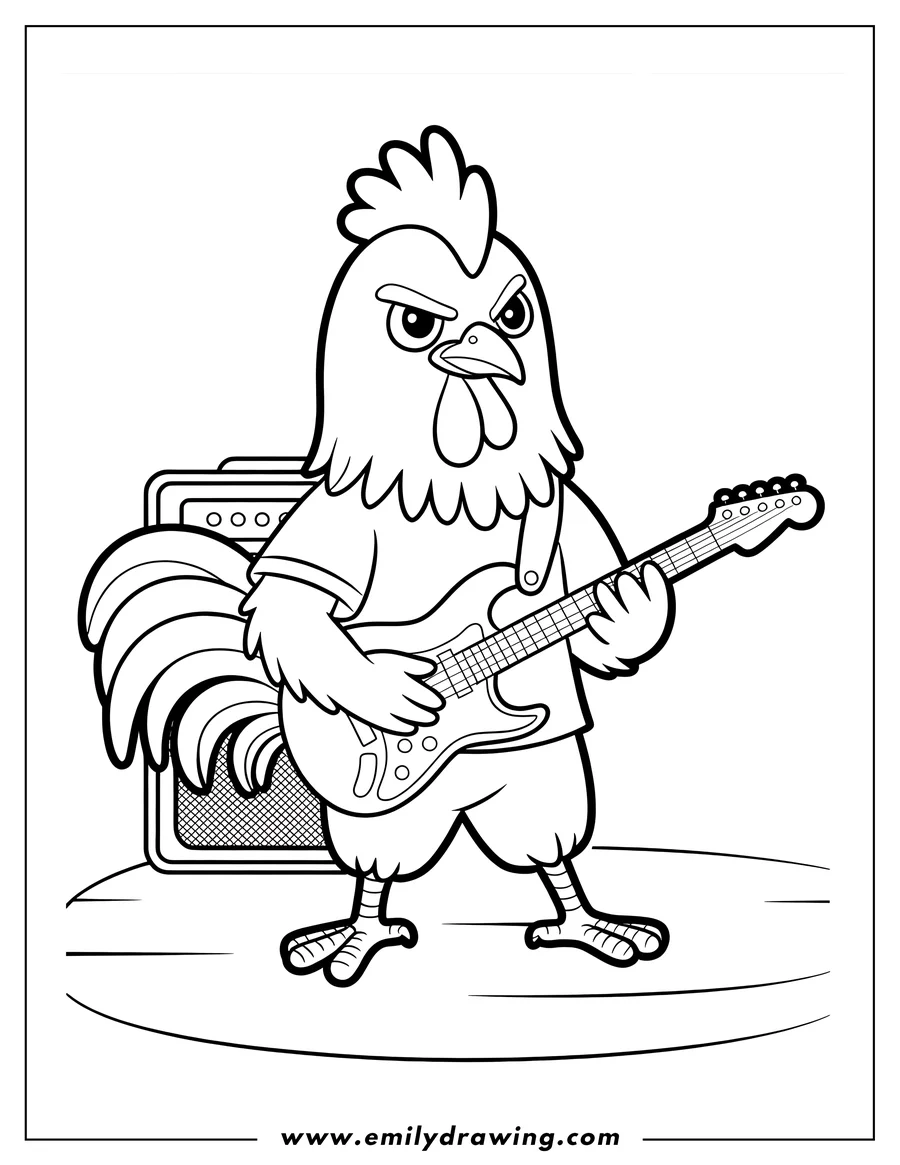 Outline of a rooster rocking out on stage with a guitar and amplifier behind him.