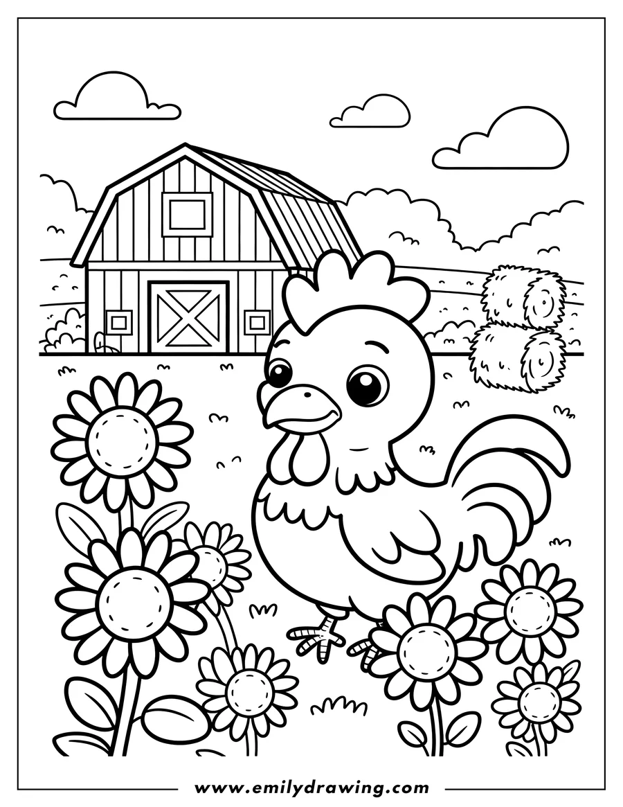 Outline of a rooster standing in a field of flowers near a barn on a farm.