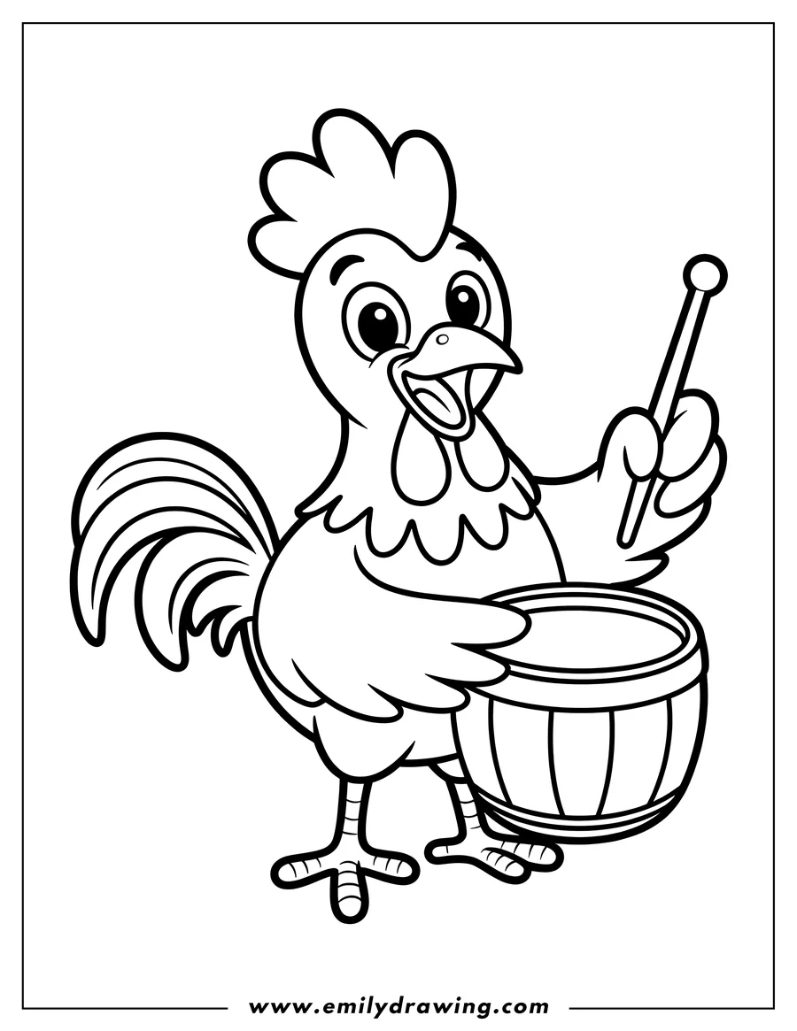 Outline of a rooster playing a drum with a drumstick