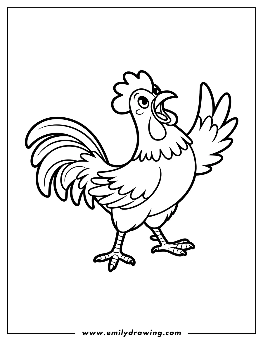 Line art of a rooster with one wing raised, as if about to crow.