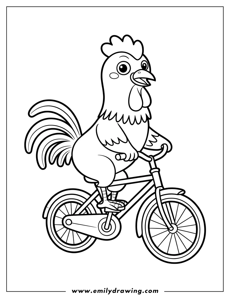 Line art of a rooster riding a bicycle. He looks very happy to be on his bike.