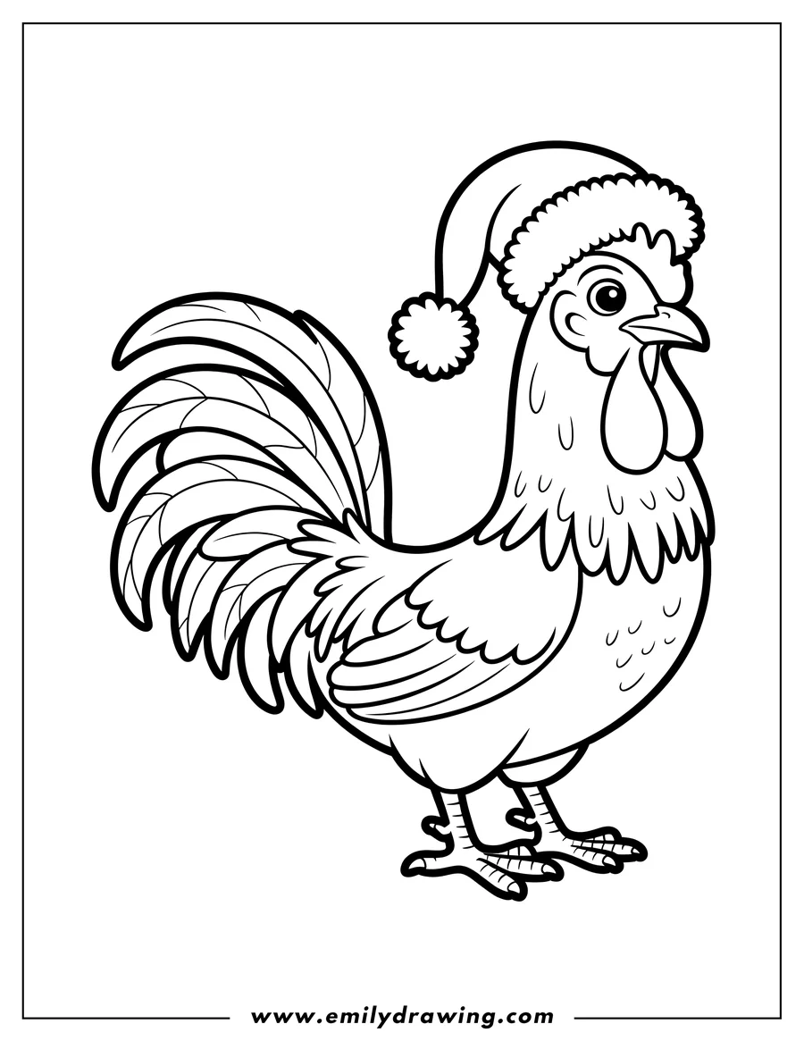 Line art of a rooster wearing a Santa hat, ready for Christmas coloring.