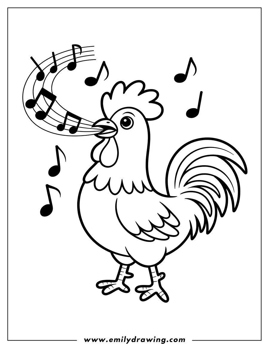 Line art of a rooster singing, with musical notes floating around it.