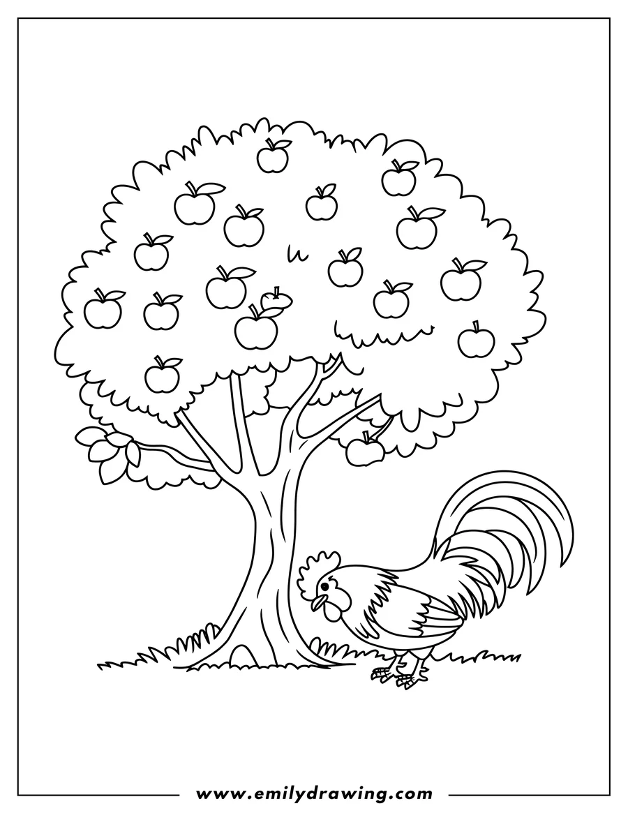 Outline of a rooster standing beneath an apple tree laden with apples.