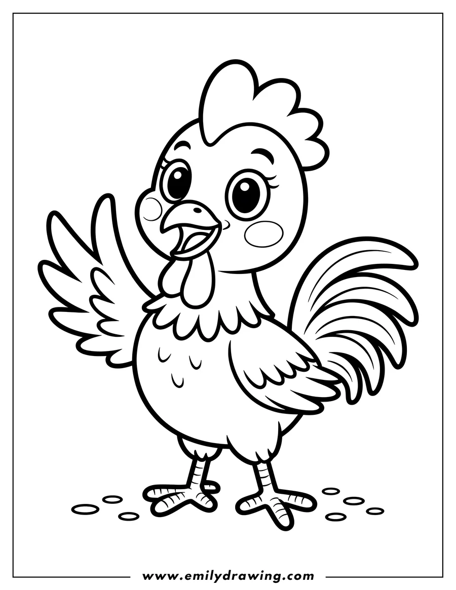 Line art of a friendly rooster waving a wing.