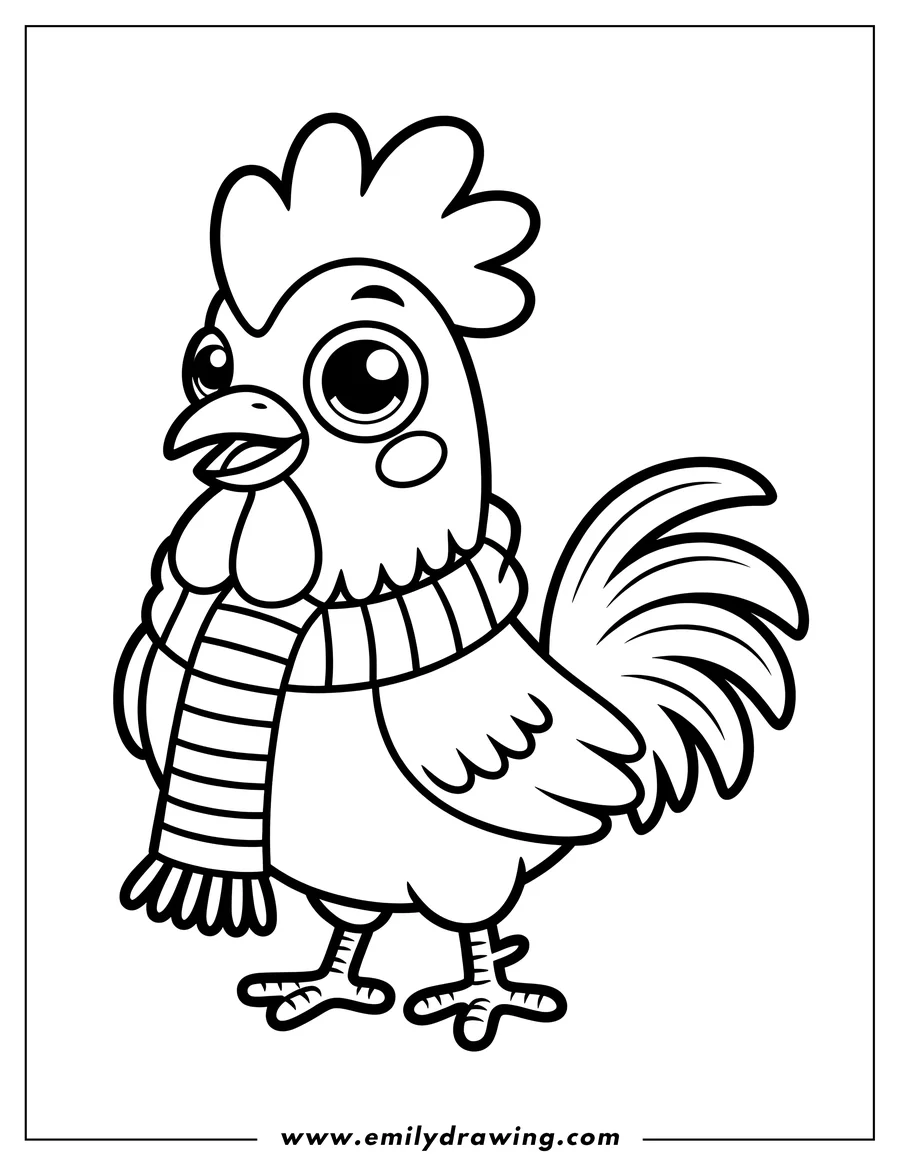 Line art of a rooster wearing a striped scarf.
