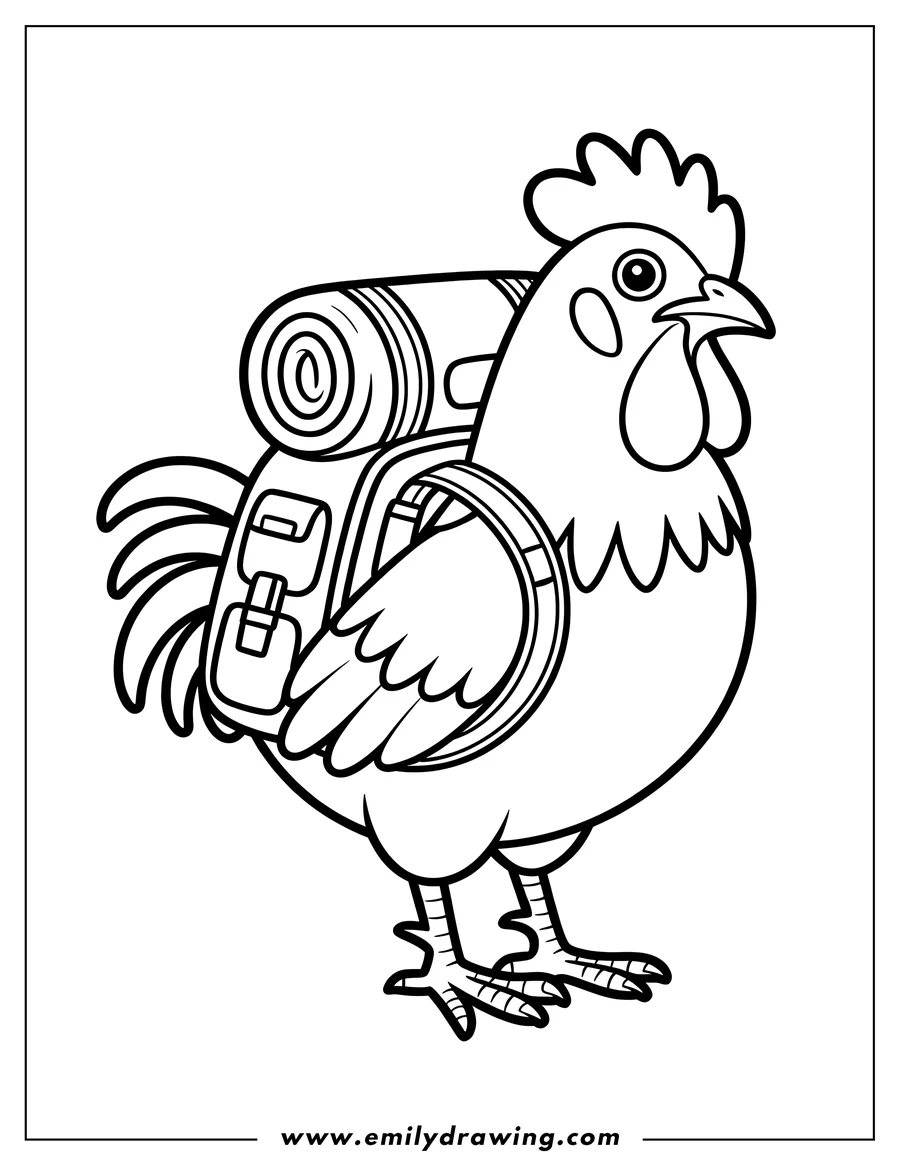 Line art of a rooster wearing a large backpack, ready for an adventure.