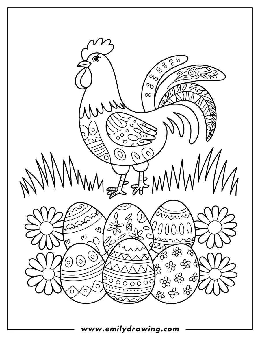 Line art of a rooster with patterned feathers standing above decorated Easter eggs and flowers.