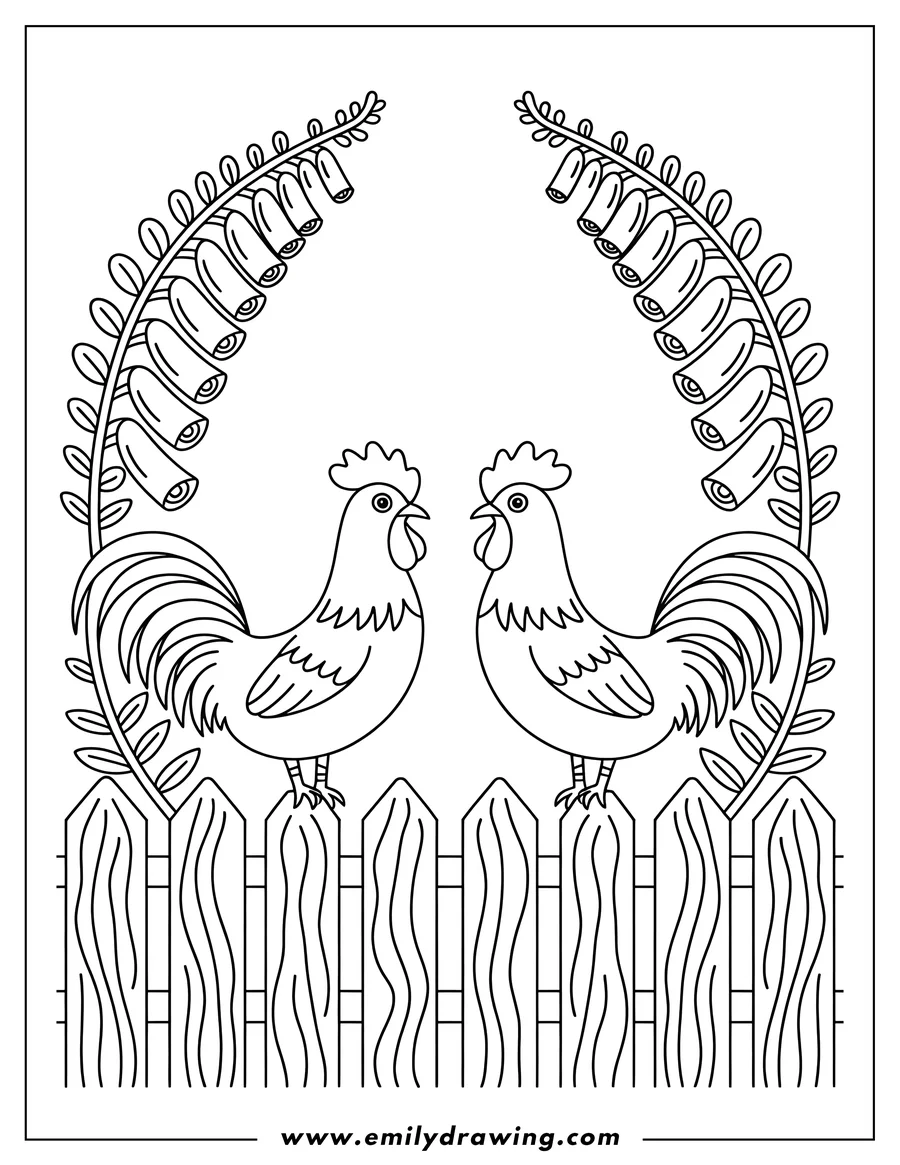 Two roosters perched on a wooden fence with stylized floral branches on either side.
