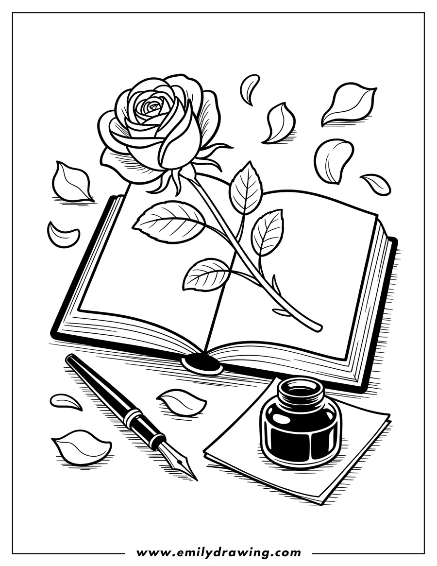 Line art of a rose lying on an open book, with scattered petals, an inkwell, and a fountain pen on a table.