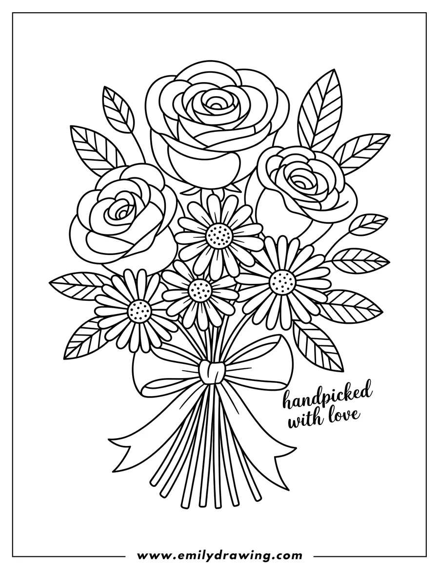 Line art of a bouquet with roses and daisies tied with a ribbon. The words 