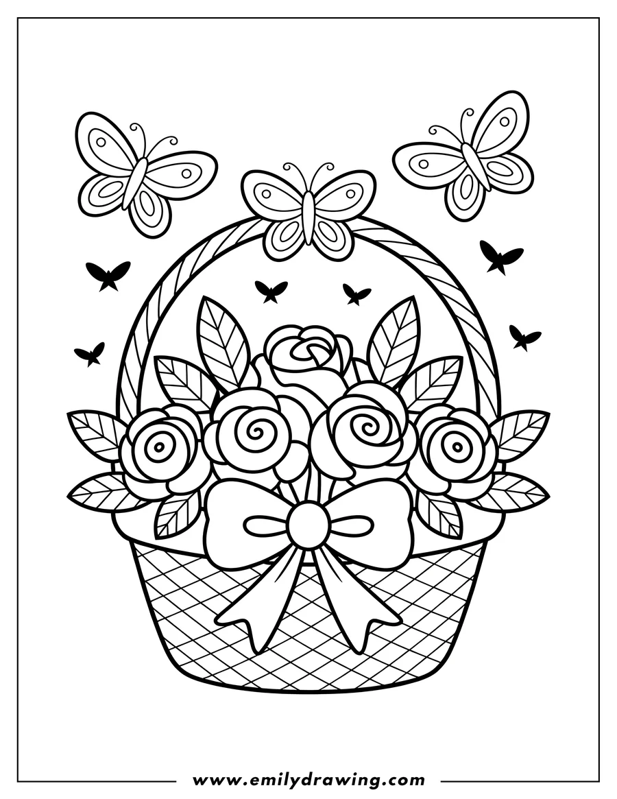 Outline of roses arranged in a basket with a bow, butterflies flying around it.