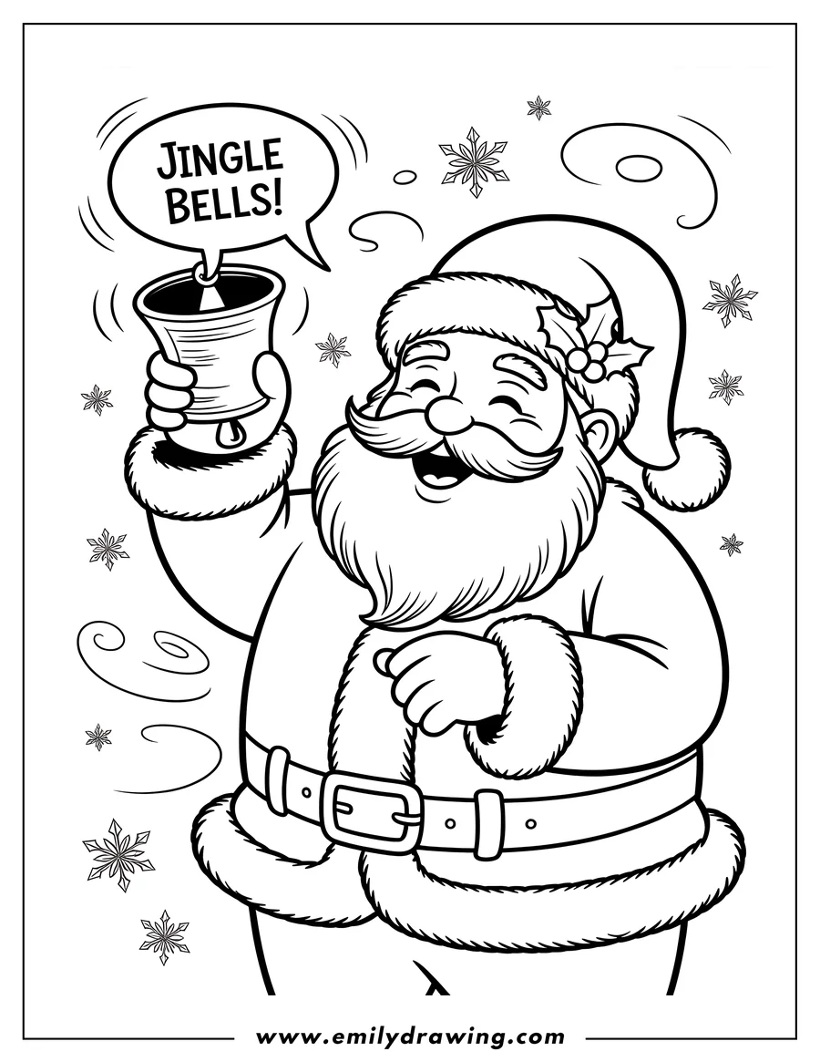 Line art of Santa Claus ringing a Christmas bell with snowflakes around him.