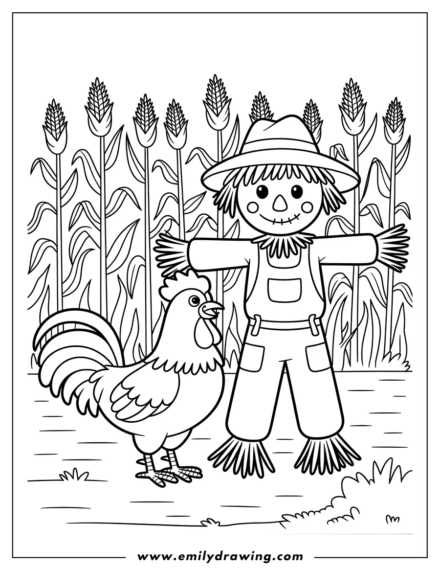 Outline of a scarecrow and a rooster standing together in a cornfield.