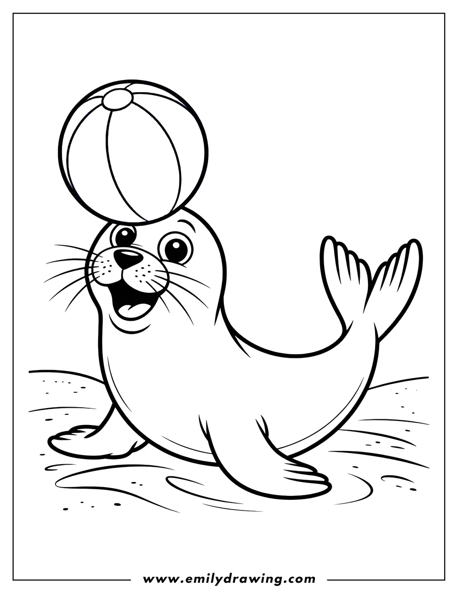 Outline of a seal balancing a beach ball on its nose.