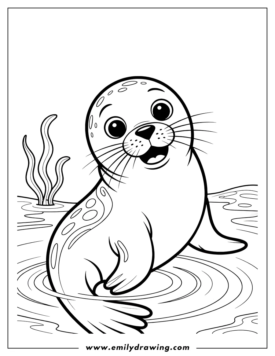 Line art of a baby seal sitting in shallow water with seaweed nearby.