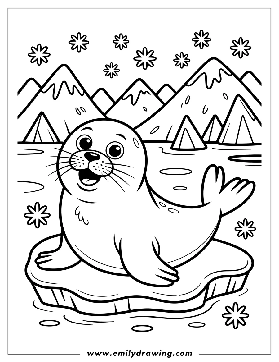 Outline of a baby seal sitting on an ice floe with snowy mountains and snowflakes in the background.