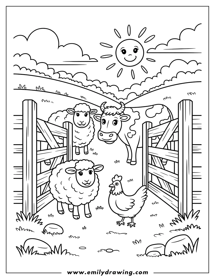 Line art of two sheep, a cow, and a chicken standing near a wooden fence on a sunny farm. 