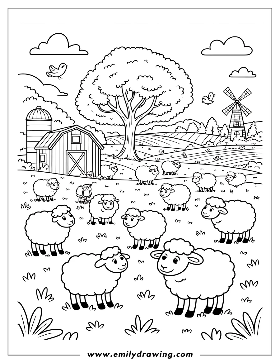 Outline of sheep in a field on a farm with a barn, silo, windmill, trees, and birds.