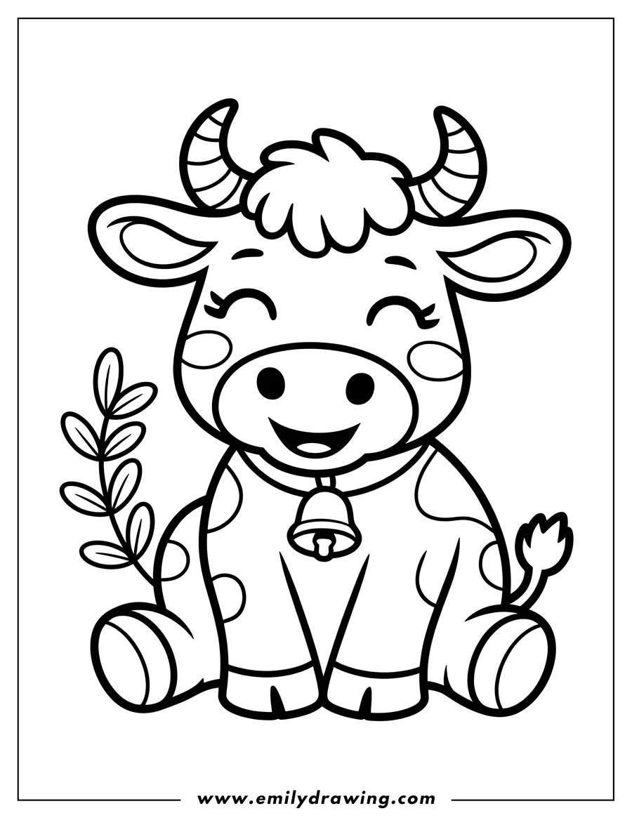 Outline of a spotted ox sitting down with a bell around its neck.