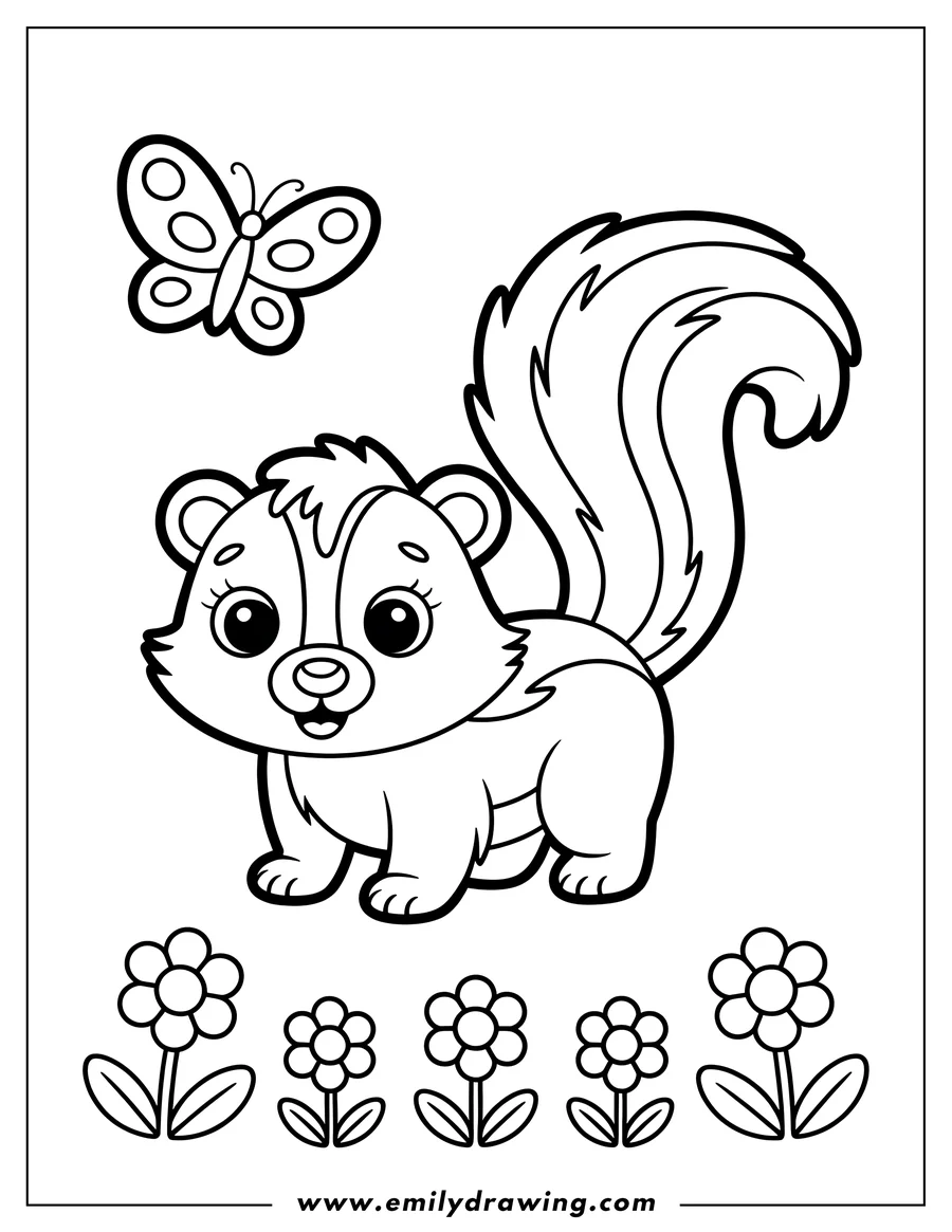 Outline of a baby skunk with a butterfly and flowers.