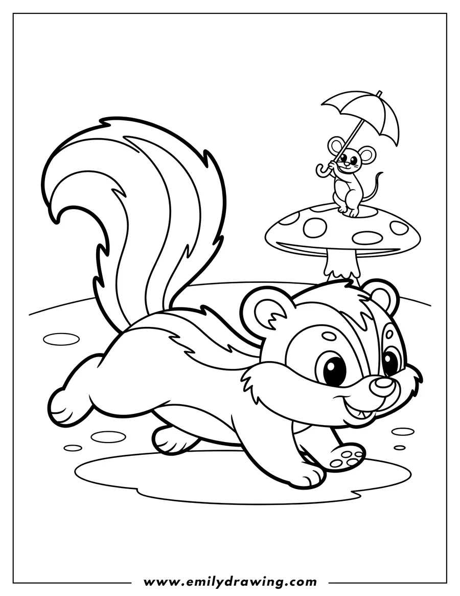 Line art of a skunk walking near a mushroom with a mouse holding an umbrella on top.