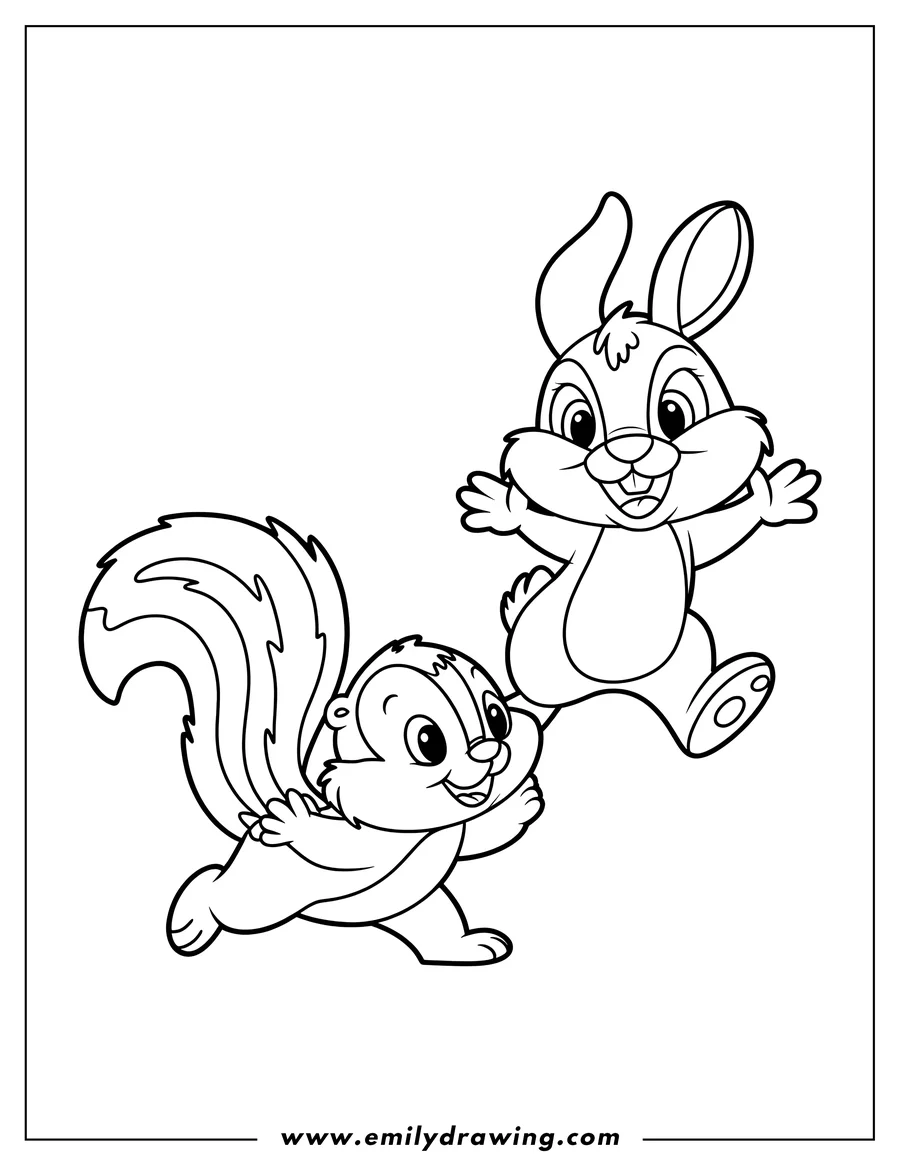 Outline of a skunk and a rabbit playing. The rabbit is hopping, and the skunk is running.