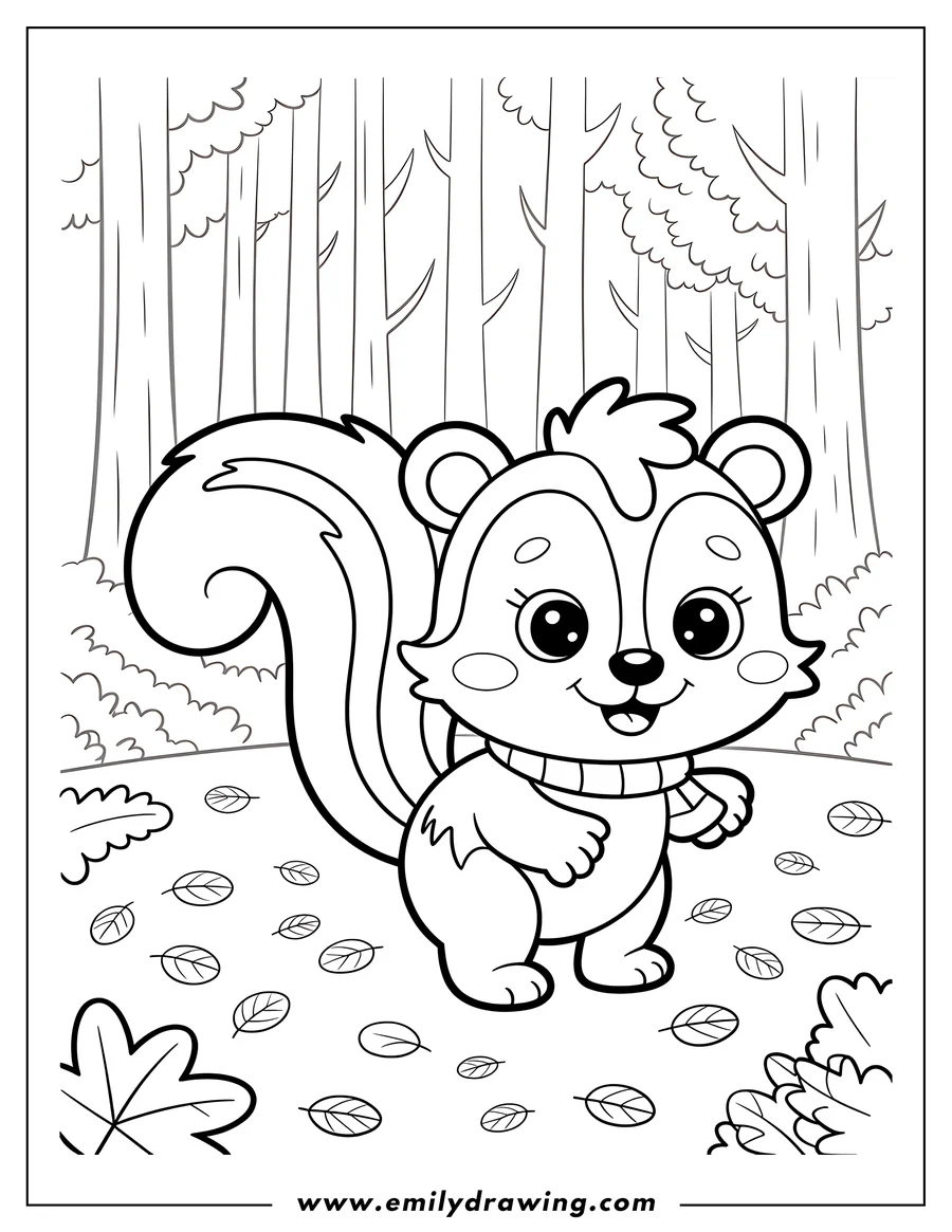 Outline of a skunk wearing a scarf in an autumn forest, surrounded by fallen leaves.