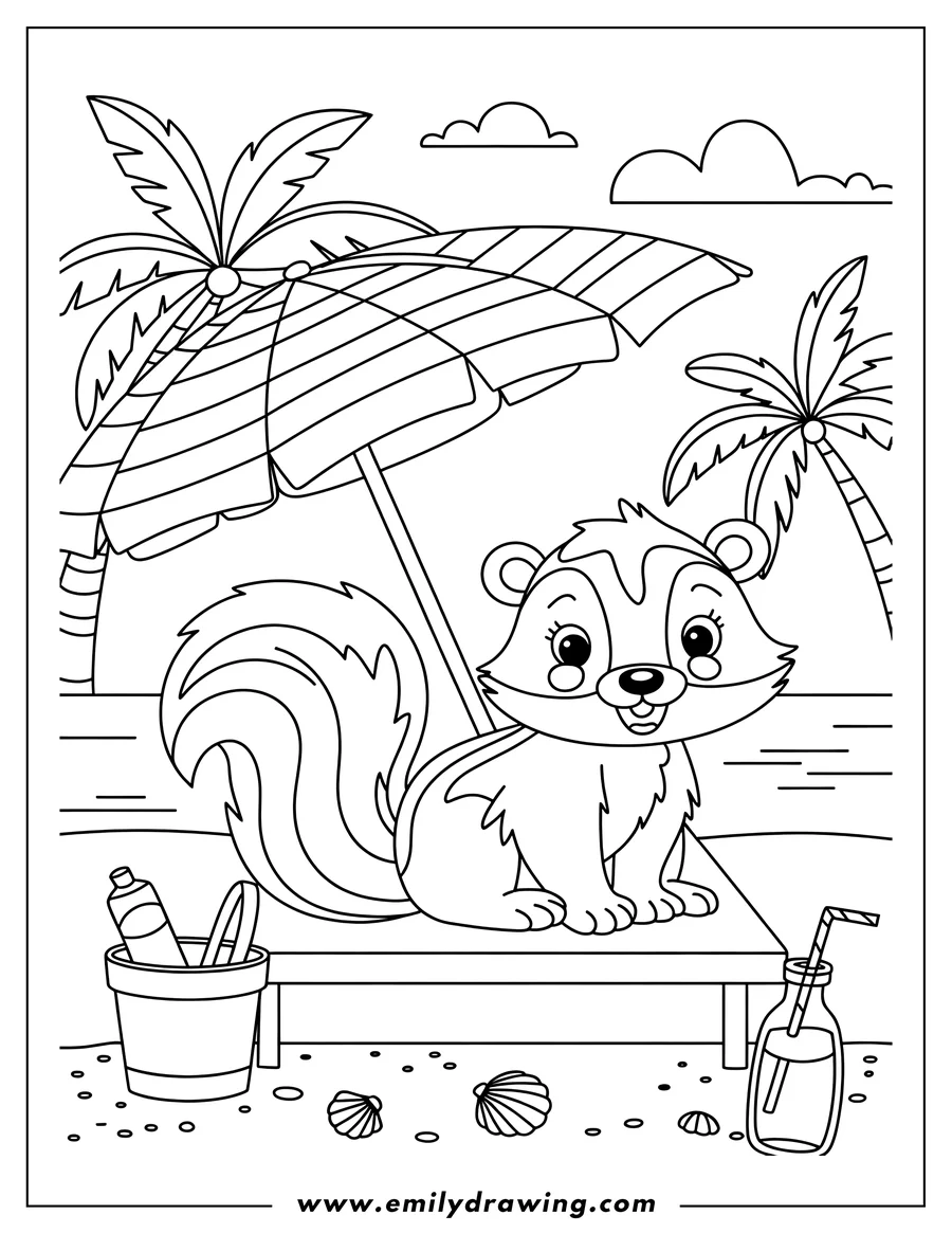Outline of a skunk sitting on a beach lounge chair under a beach umbrella, with a drink, sand pail, and seashells nearby.