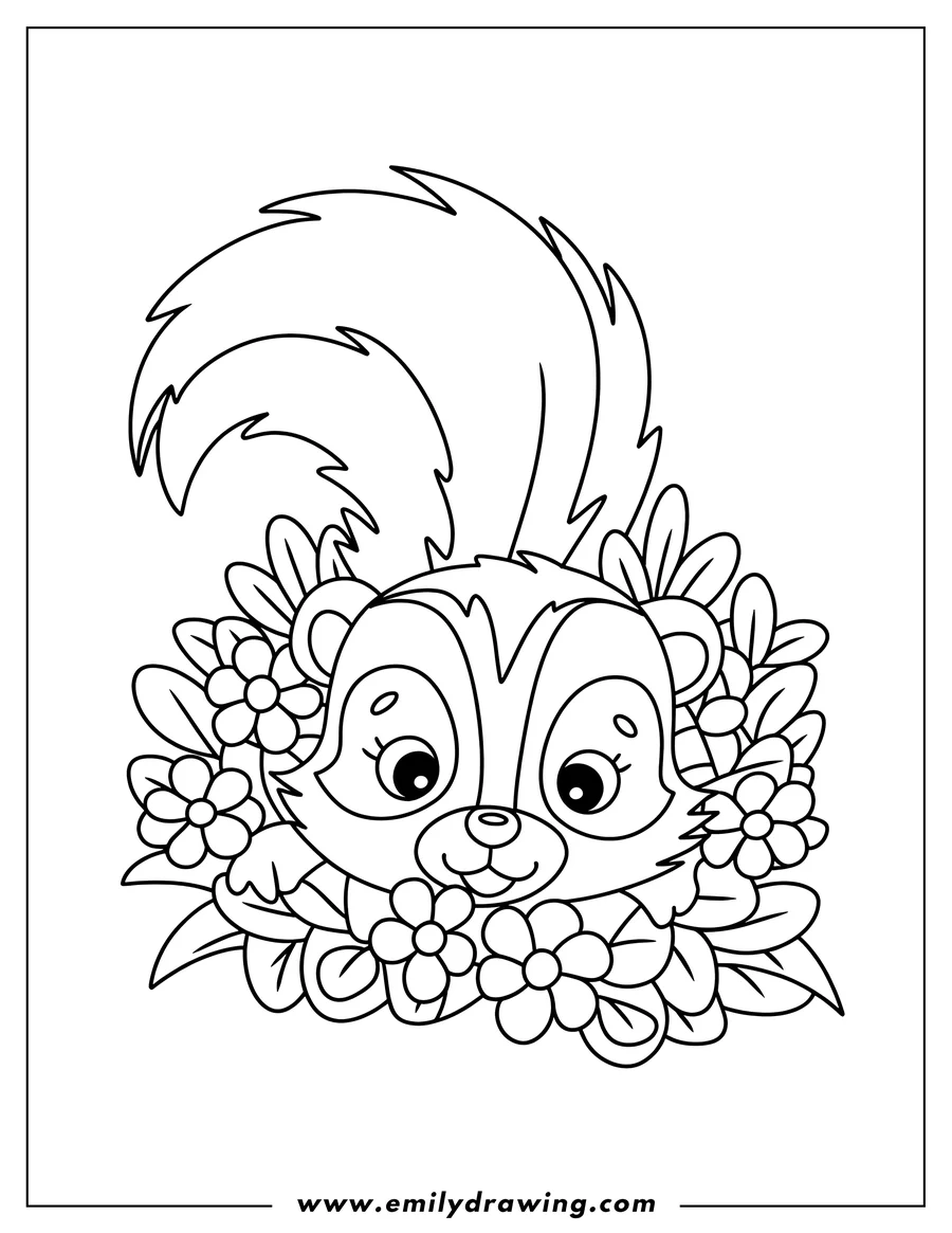 Outline of a skunk with a large, bushy tail, surrounded by flowers.