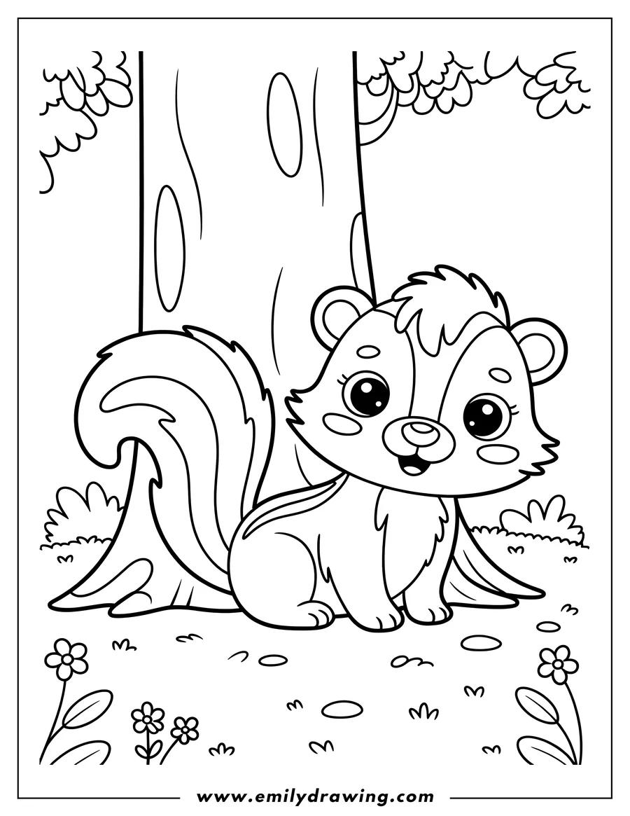 Outline of a skunk sitting by a tree, with flowers and grass around it.