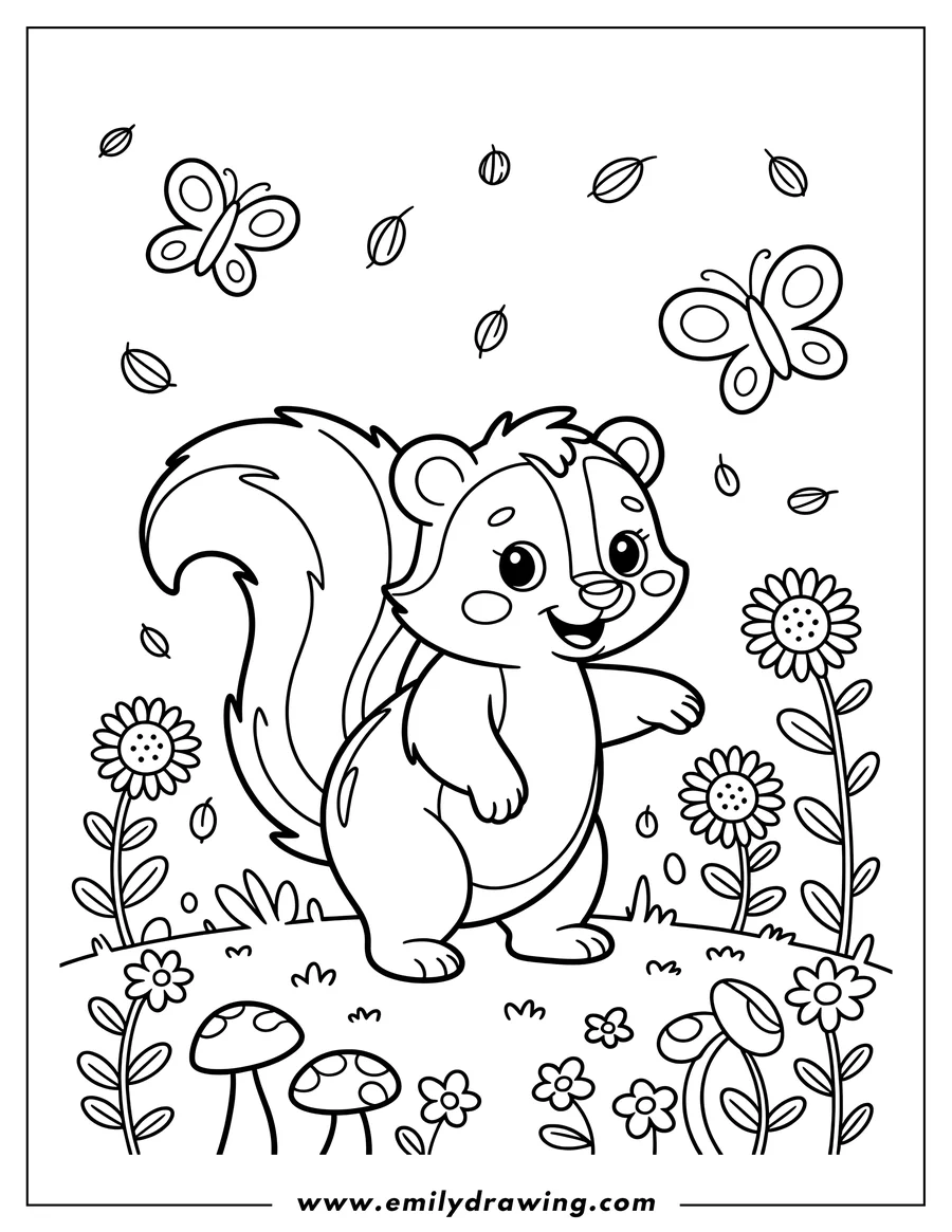 Outline of a friendly skunk standing in a flower meadow with mushrooms and butterflies fluttering around.
