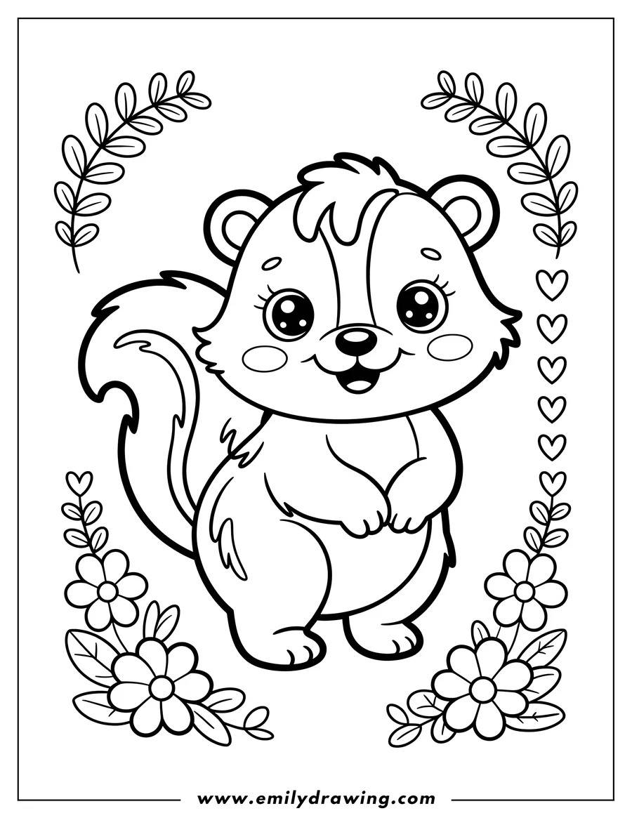 Outline of a friendly skunk standing within a decorative border of flowers and leaves.
