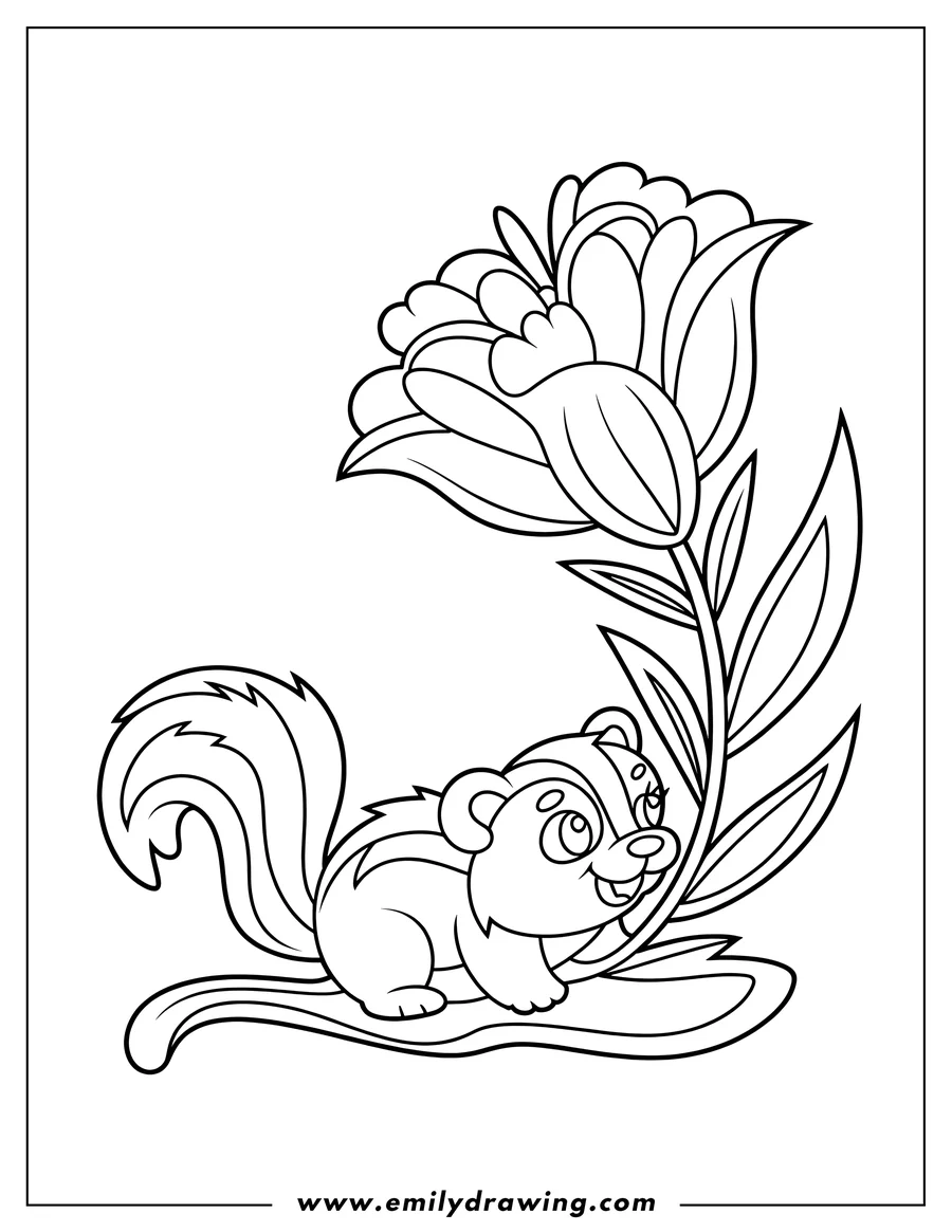 Outline of a skunk hiding behind a large flower, peeking out playfully.
