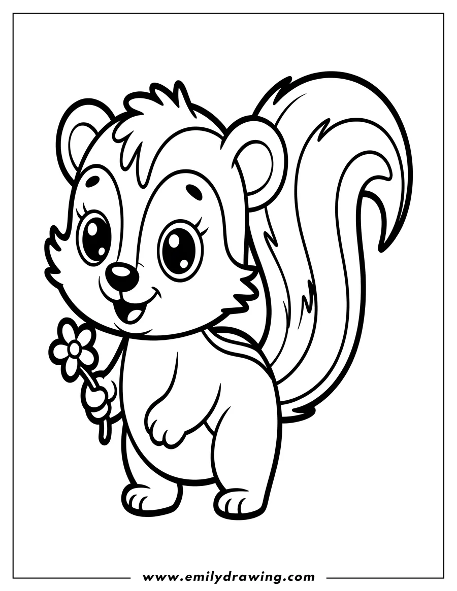 Outline of a friendly skunk holding a small flower.