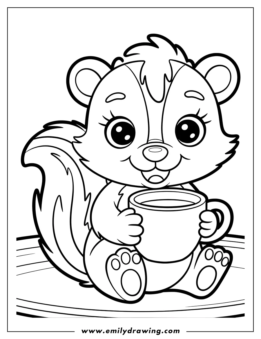 Outline of a skunk sitting and holding a large cup