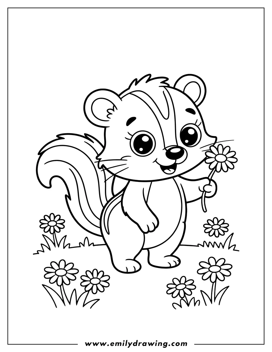 Outline of a friendly skunk holding a daisy with more daisies in the background.