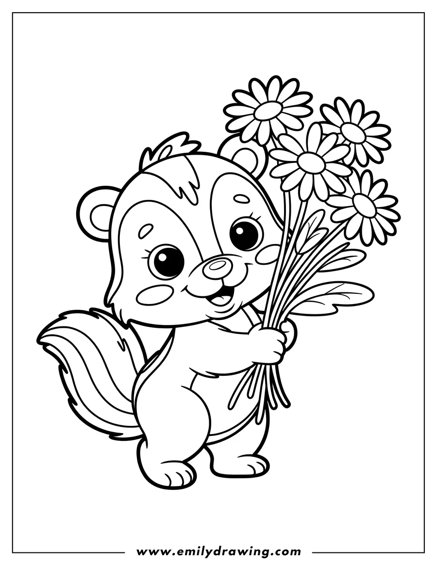 Outline of a happy skunk holding a bouquet of flowers.