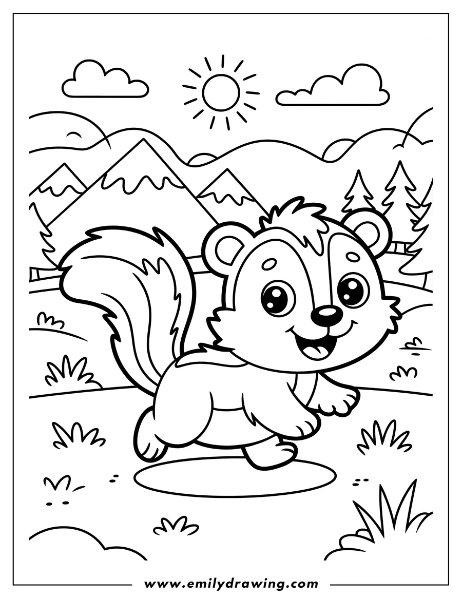 Outline of a skunk walking happily in a grassy field, with mountains and a shining sun in the background.