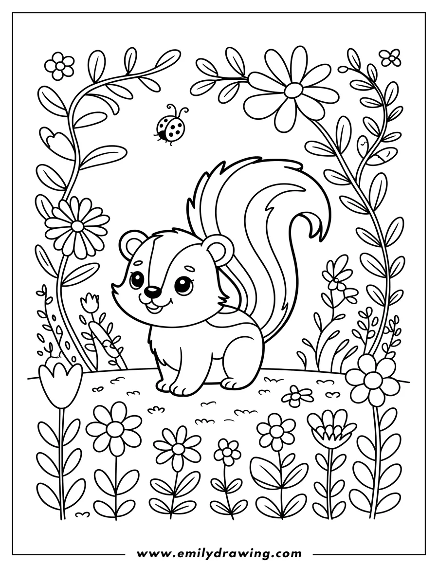 Outline of a skunk sitting in a garden surrounded by flowers and vines with a ladybug nearby.