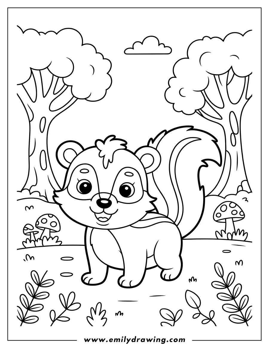 Outline of a skunk standing in a forest setting with mushrooms and trees.