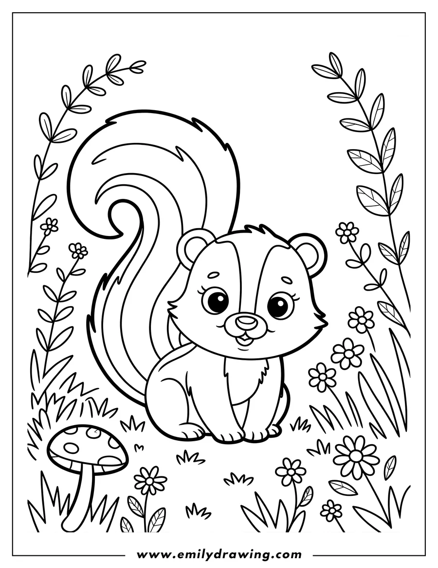 Outline of a skunk sitting in a garden with flowers and a mushroom.